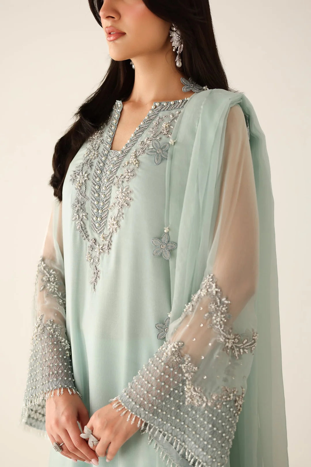 Pastel Mint & Pearl Silver Accent: Embroidered Chiffon Suit | Ready To Wear