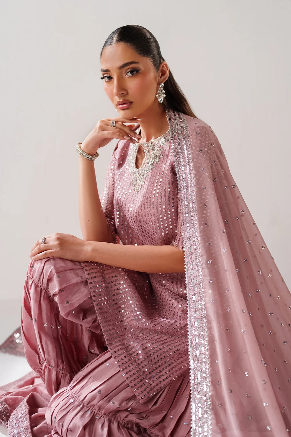Dusty Rose & Silver Sparkle: Embroidered Chiffon Ghararah SUit | Ready To Wear