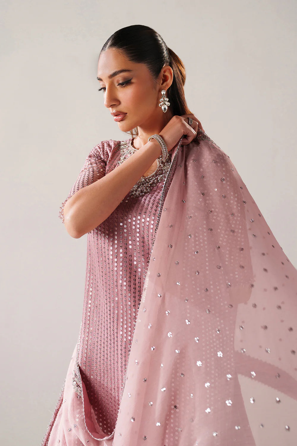 Dusty Rose & Silver Sparkle: Embroidered Chiffon Ghararah SUit | Ready To Wear