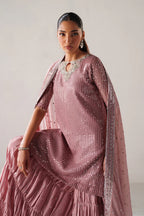 Dusty Rose & Silver Sparkle: Embroidered Chiffon Ghararah SUit | Ready To Wear