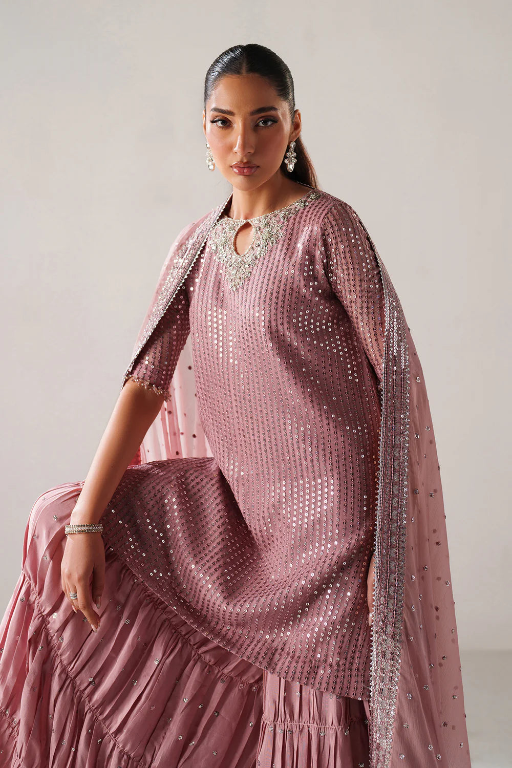 Dusty Rose & Silver Sparkle: Embroidered Chiffon Ghararah SUit | Ready To Wear