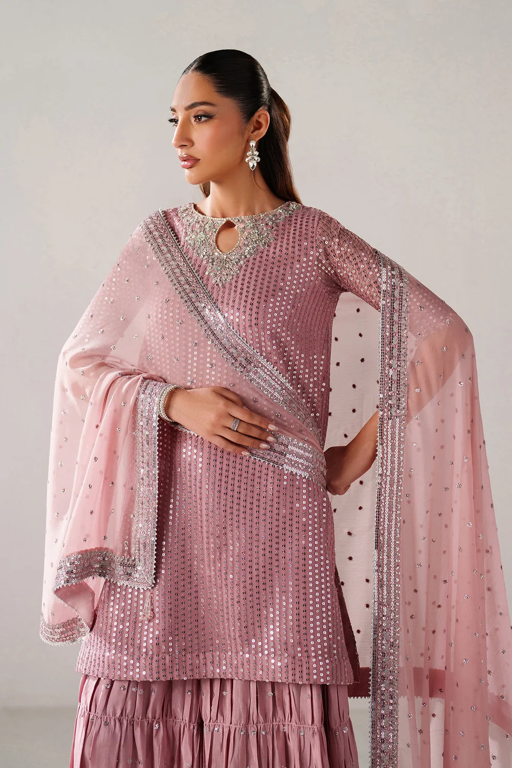 Dusty Rose & Silver Sparkle: Embroidered Chiffon Ghararah SUit | Ready To Wear