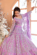Pastel Lilac & Sparkling Silver: Embroidered Net Bridal Lenge Choli | Ready To Wear