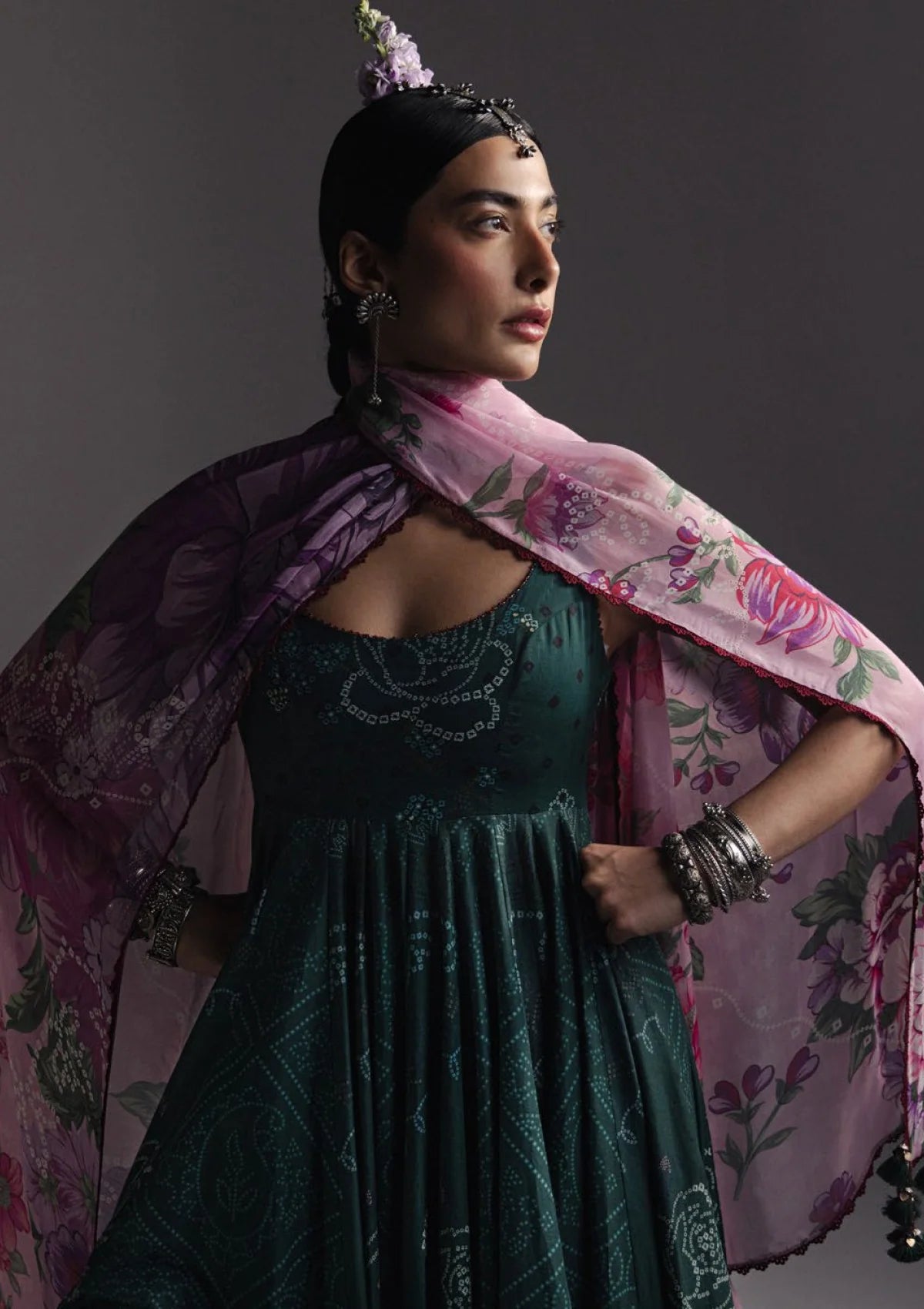 Deep Green: Printed Lawn Anarkali Set with Purple Floral Dupatta | Ready To Wear
