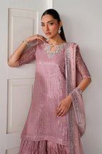 Dusty Rose & Silver Sparkle: Embroidered Chiffon Ghararah SUit | Ready To Wear