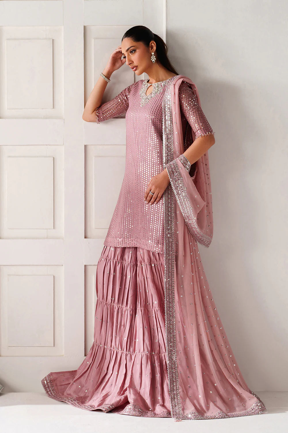 Dusty Rose & Silver Sparkle: Embroidered Chiffon Ghararah SUit | Ready To Wear