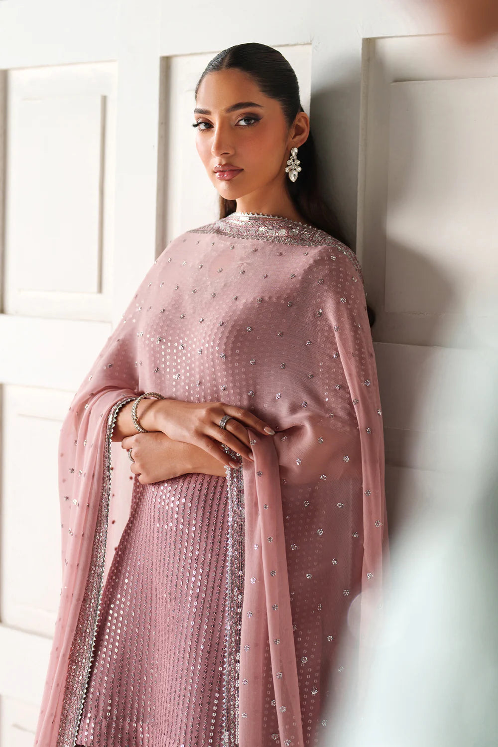 Dusty Rose & Silver Sparkle: Embroidered Chiffon Ghararah SUit | Ready To Wear