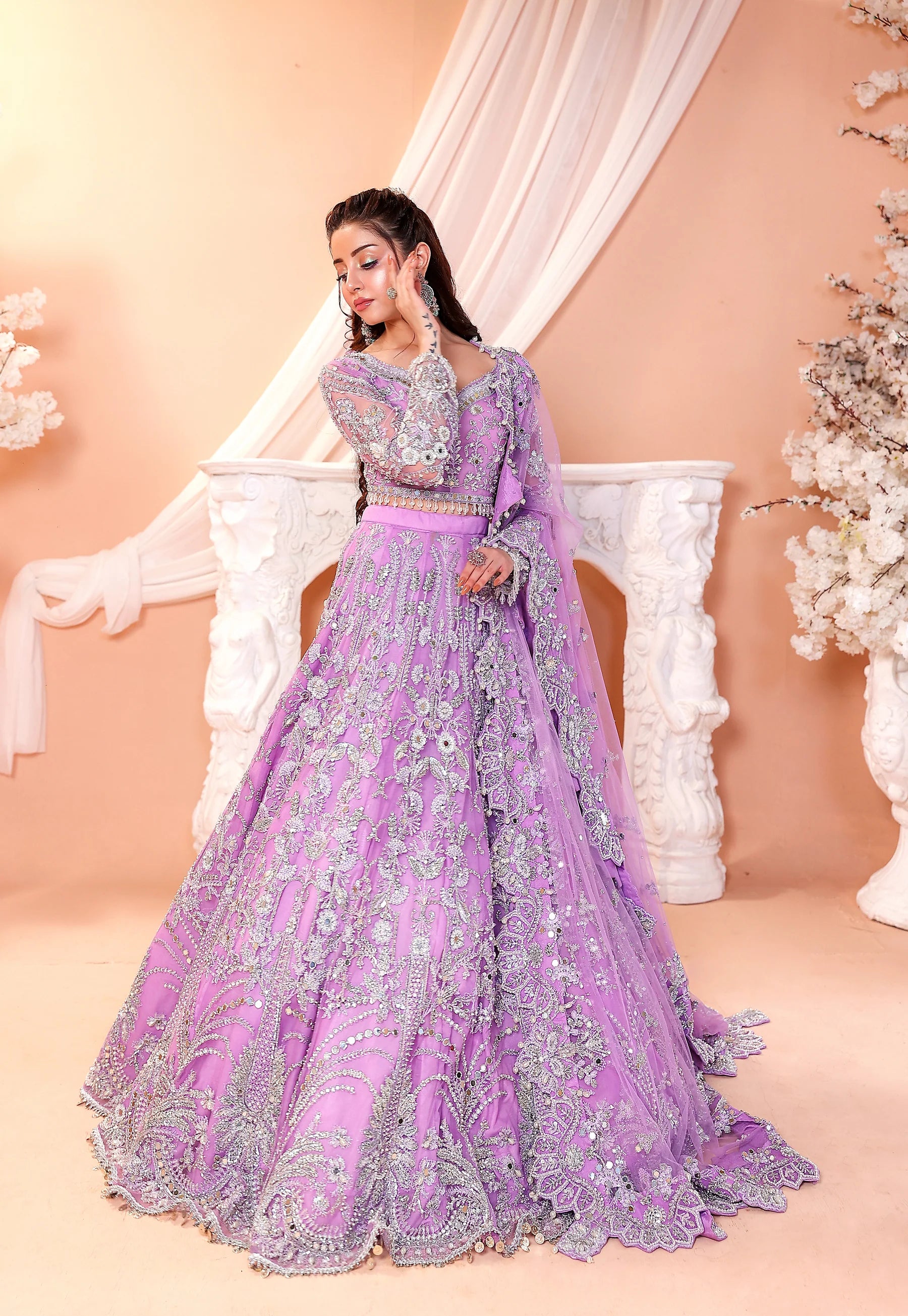 Pastel Lilac & Sparkling Silver: Embroidered Net Bridal Lenge Choli | Ready To Wear