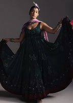 Deep Green: Printed Lawn Anarkali Set with Purple Floral Dupatta | Ready To Wear
