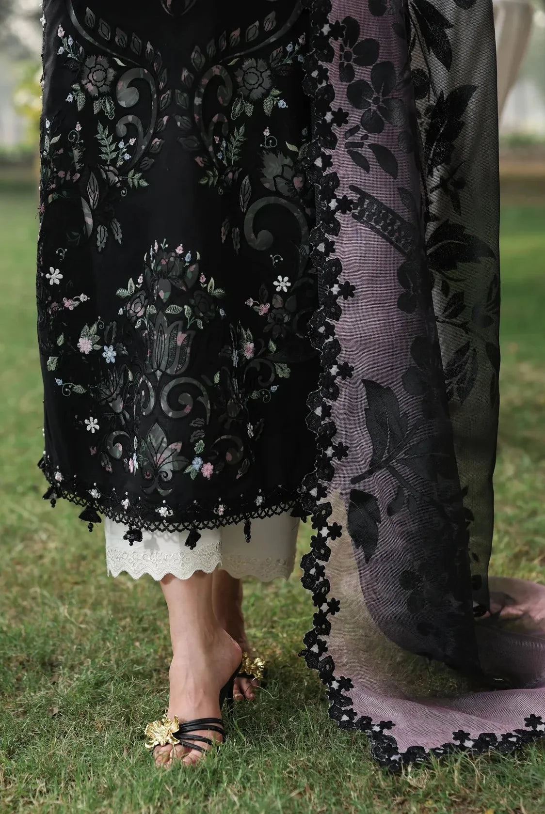 Noir & Soft Violet: Embroidered Lawn Suit With Printed Chiffon Dupatta | Ready To Wear