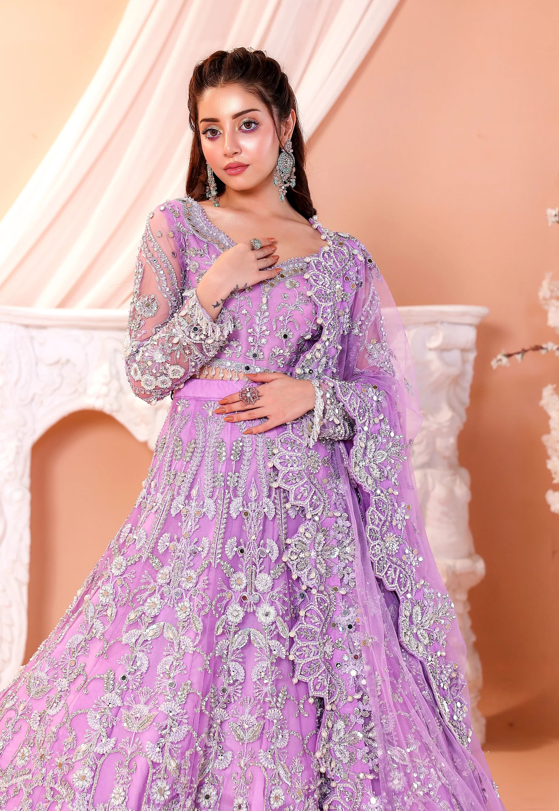 Pastel Lilac & Sparkling Silver: Embroidered Net Bridal Lenge Choli | Ready To Wear