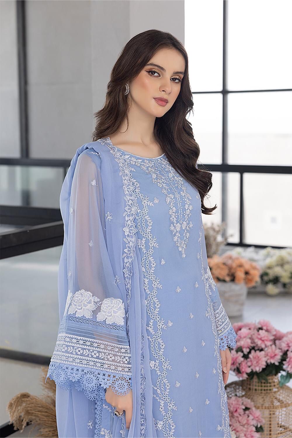 Sky Blue Thread Work Luxury Embroidery Dress 3 Piece