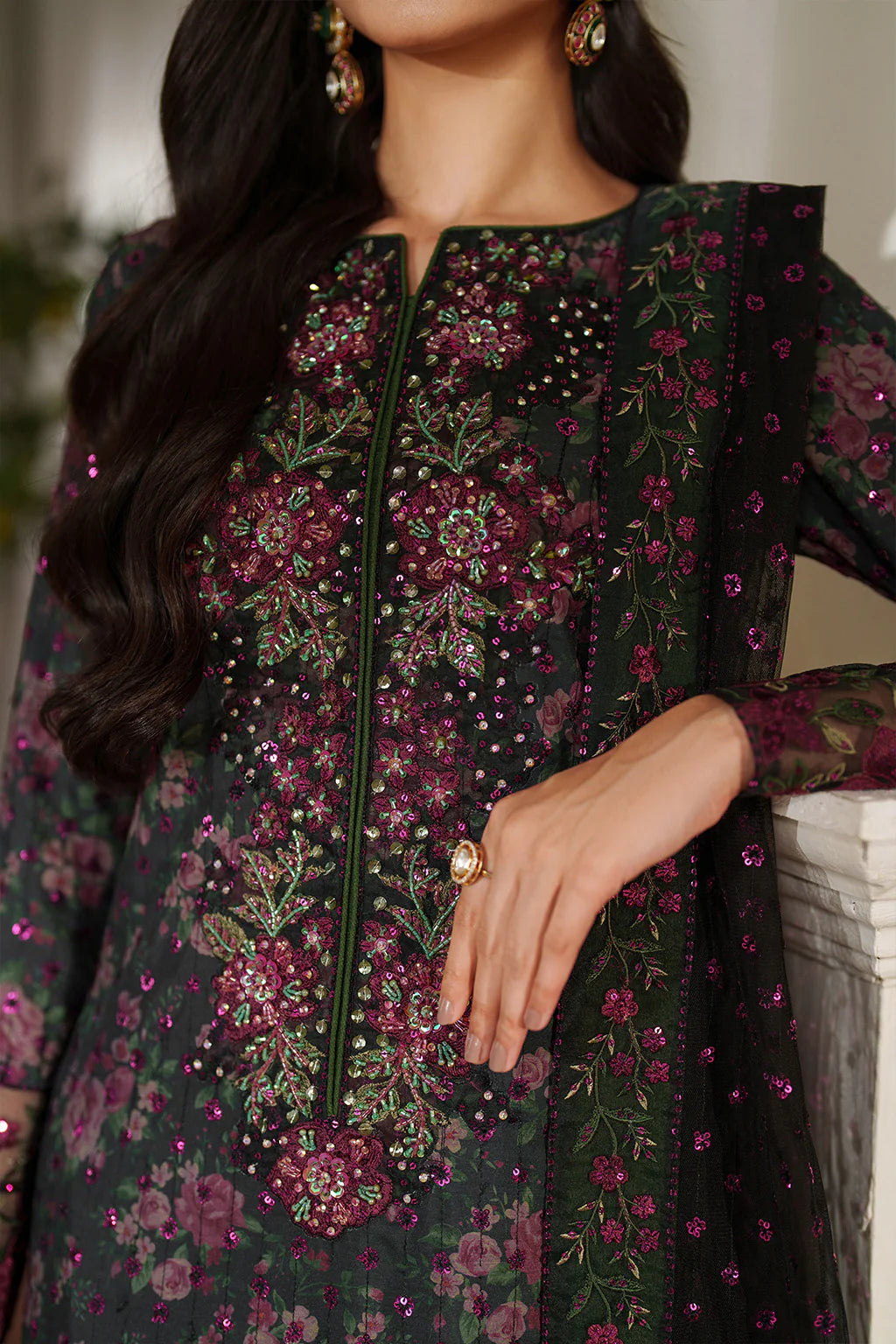 03-Piece Embroidered Printed Lawn With Embroidered Chiffon Dupatta - Ready To Wear