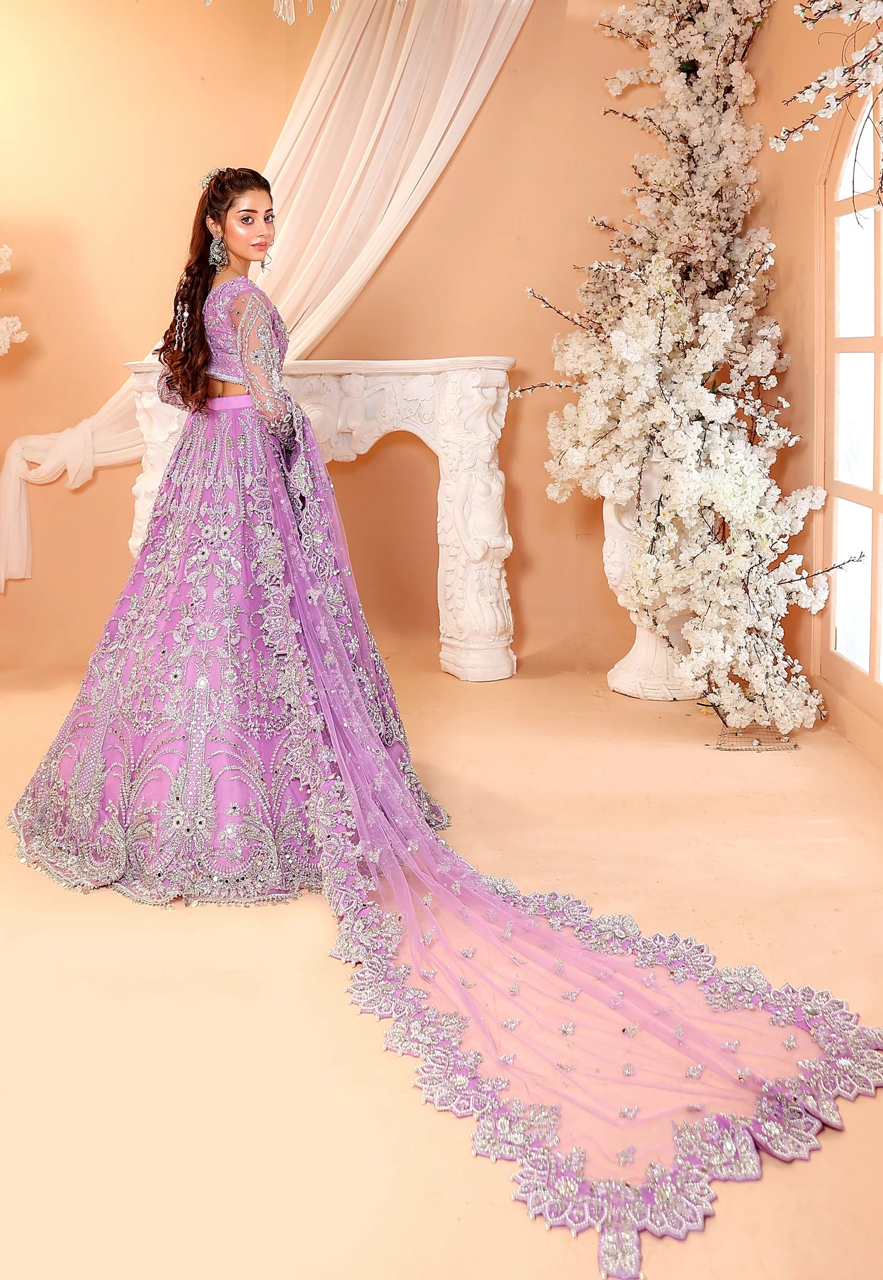 Pastel Lilac & Sparkling Silver: Embroidered Net Bridal Lenge Choli | Ready To Wear