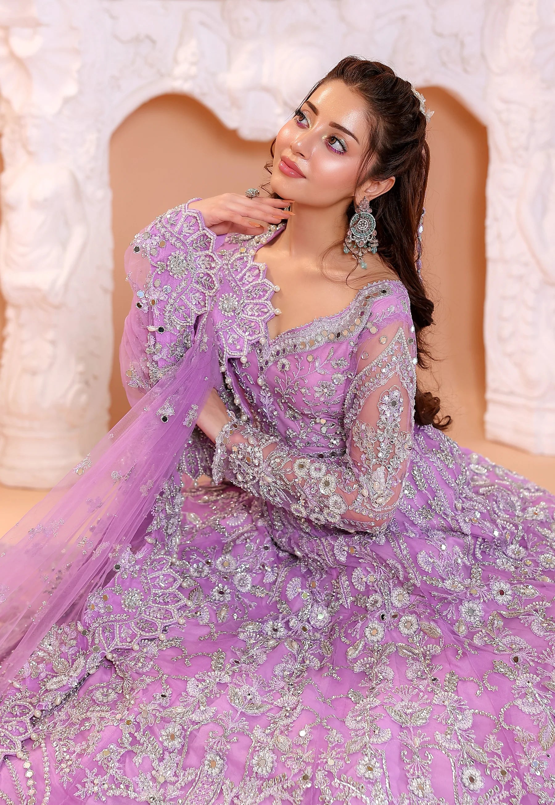 Pastel Lilac & Sparkling Silver: Embroidered Net Bridal Lenge Choli | Ready To Wear