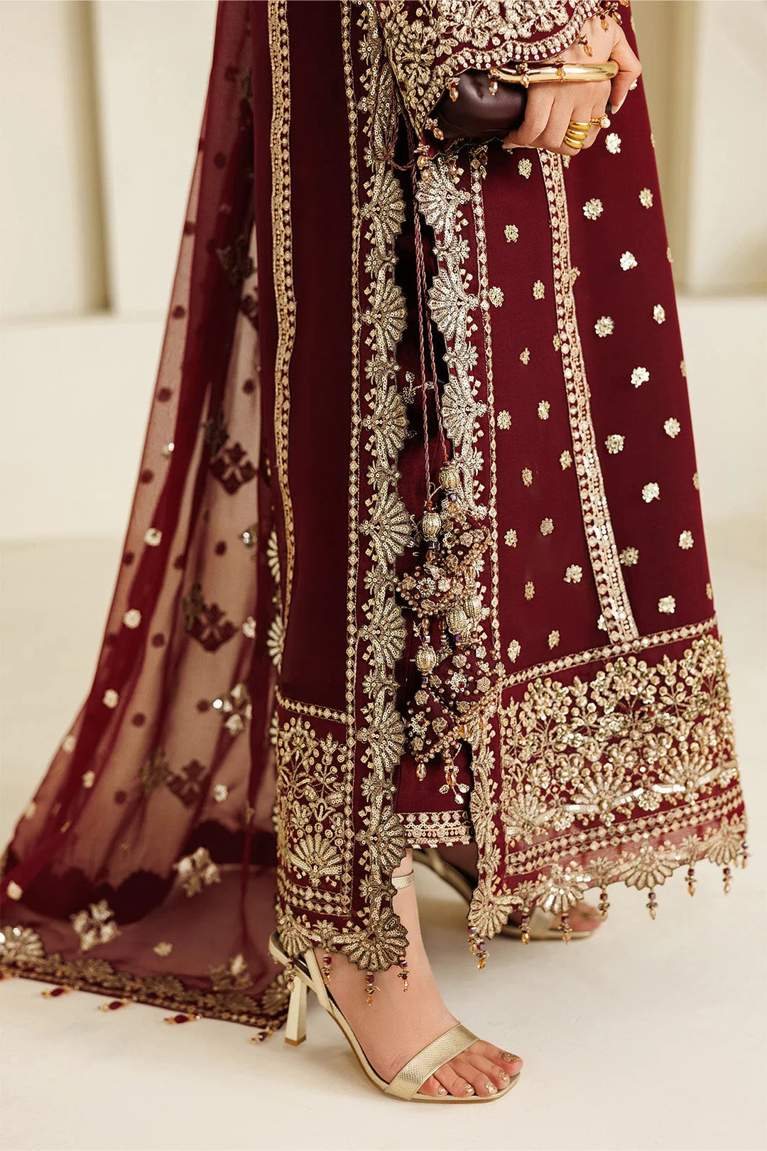 Rich Wine Red & Shimmering Gold: Chiffon Long Shirt Suit | Ready To Wear