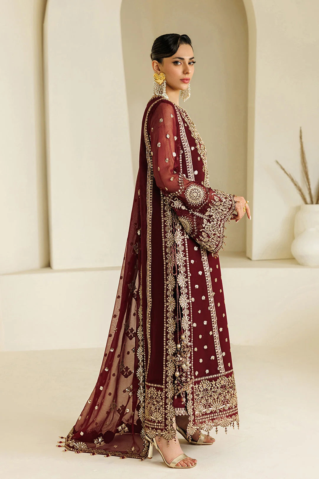 Rich Wine Red & Shimmering Gold: Chiffon Long Shirt Suit | Ready To Wear