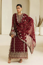 Rich Wine Red & Shimmering Gold: Chiffon Long Shirt Suit | Ready To Wear
