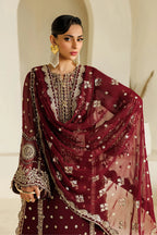 Rich Wine Red & Shimmering Gold: Chiffon Long Shirt Suit | Ready To Wear