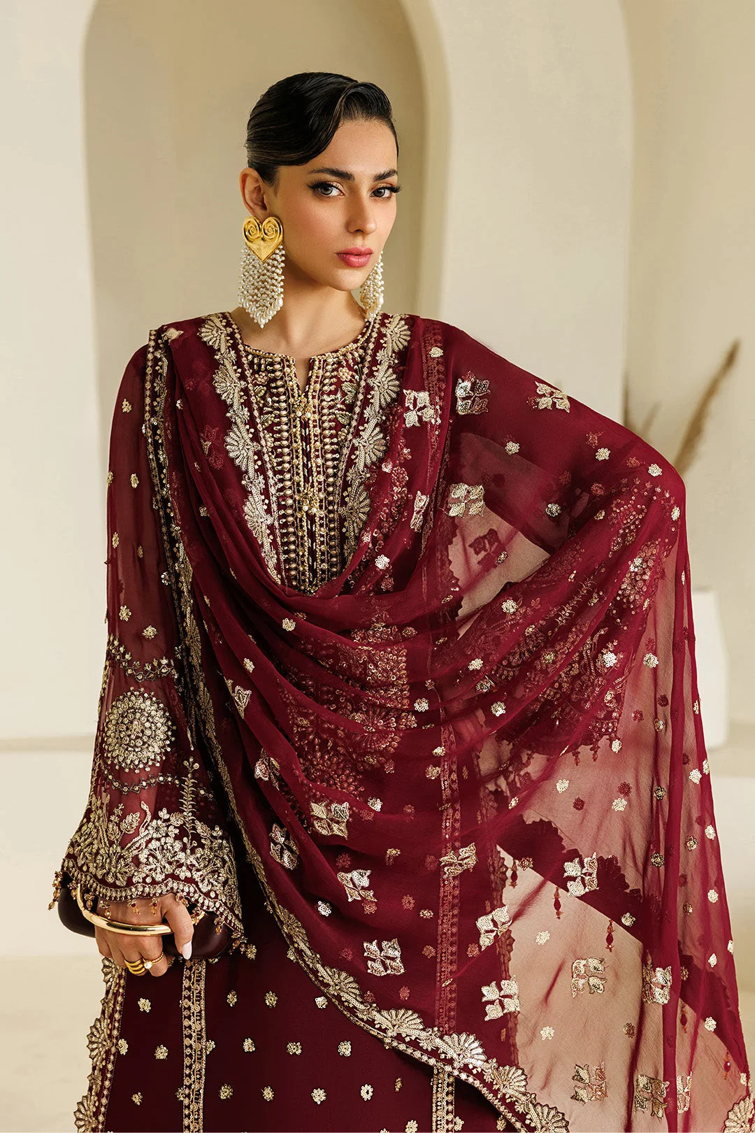 Rich Wine Red & Shimmering Gold: Chiffon Long Shirt Suit | Ready To Wear
