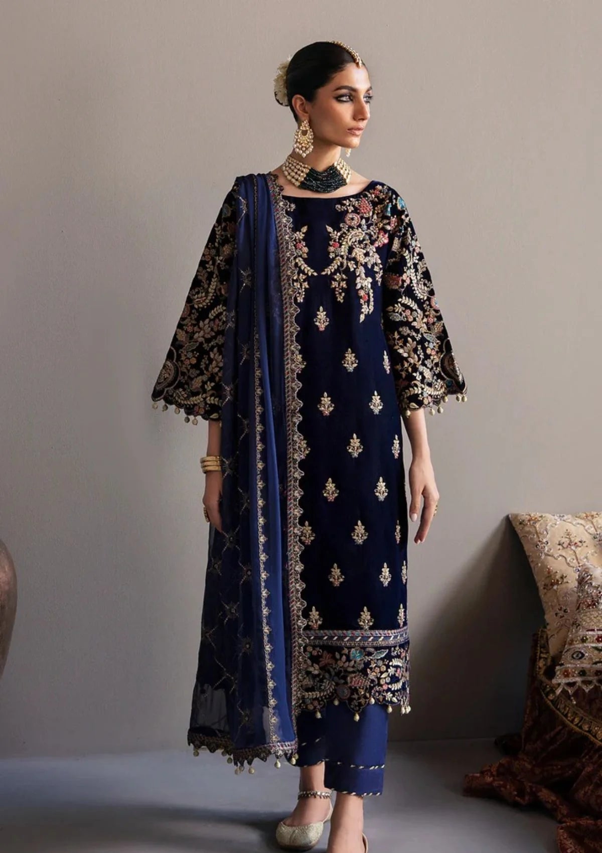 03-Piece Embroidered Velvet Suit With Chiffon Dupatta | Ready To Wear