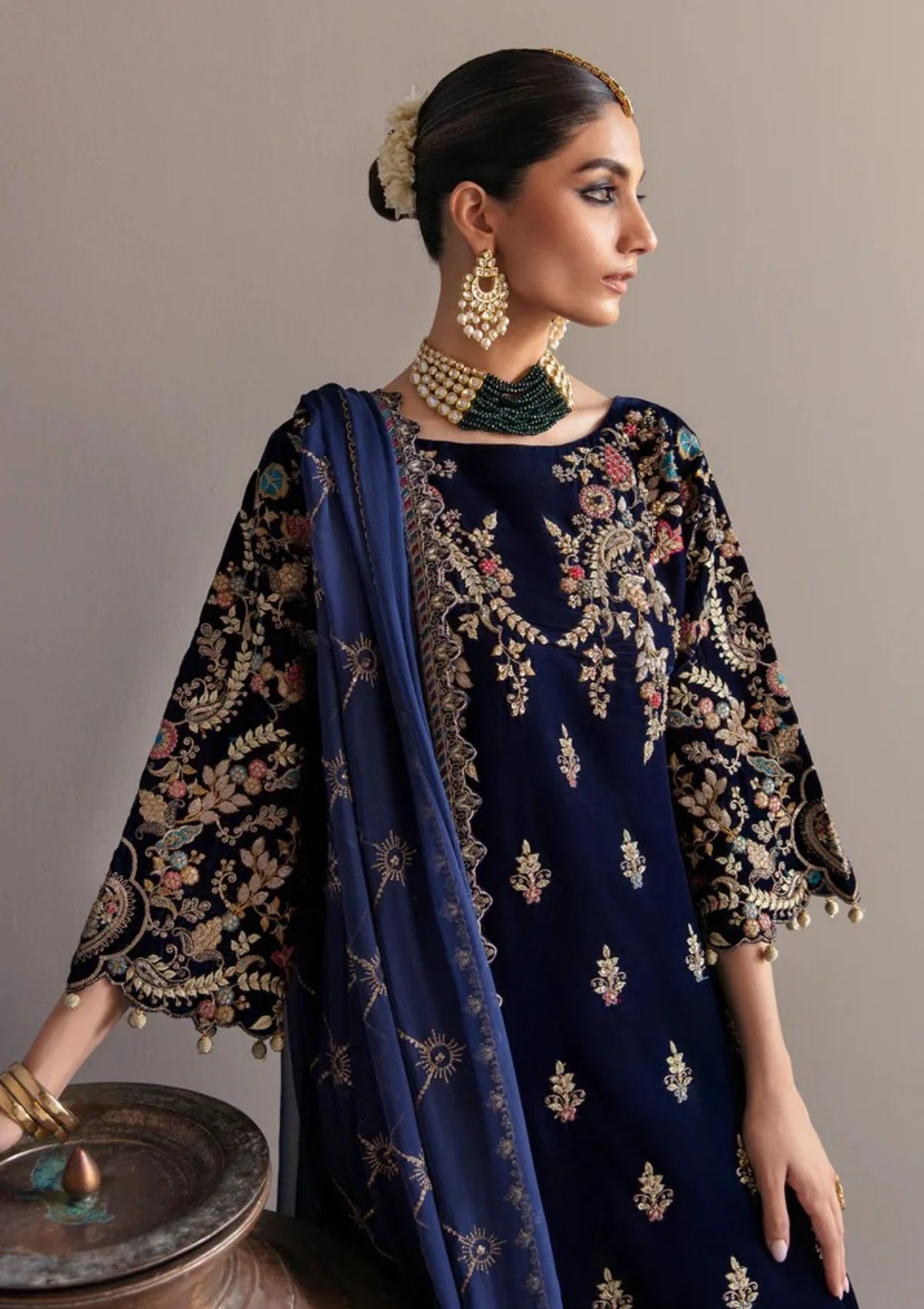 03-Piece Embroidered Velvet Suit With Chiffon Dupatta | Ready To Wear