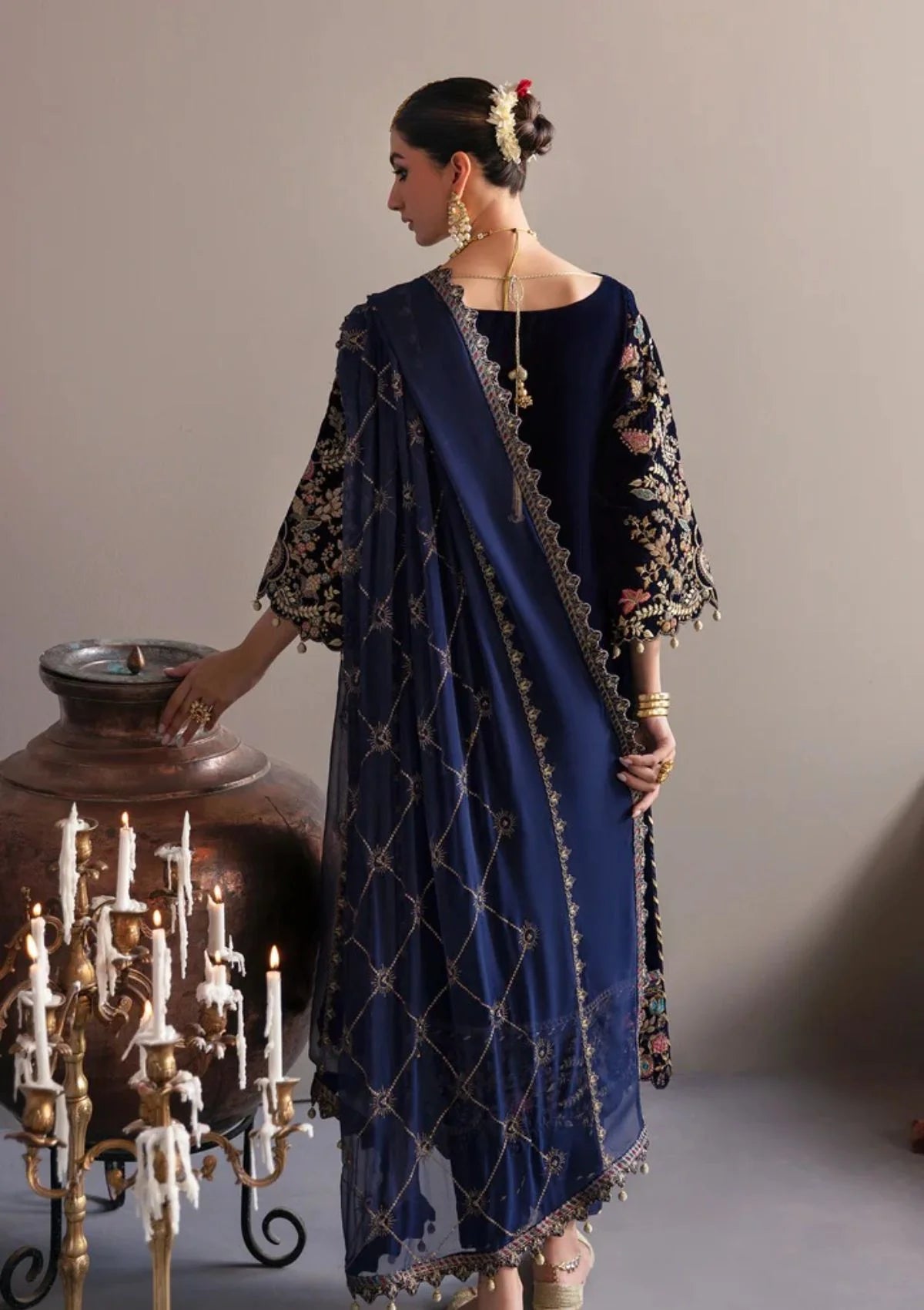 03-Piece Embroidered Velvet Suit With Chiffon Dupatta | Ready To Wear
