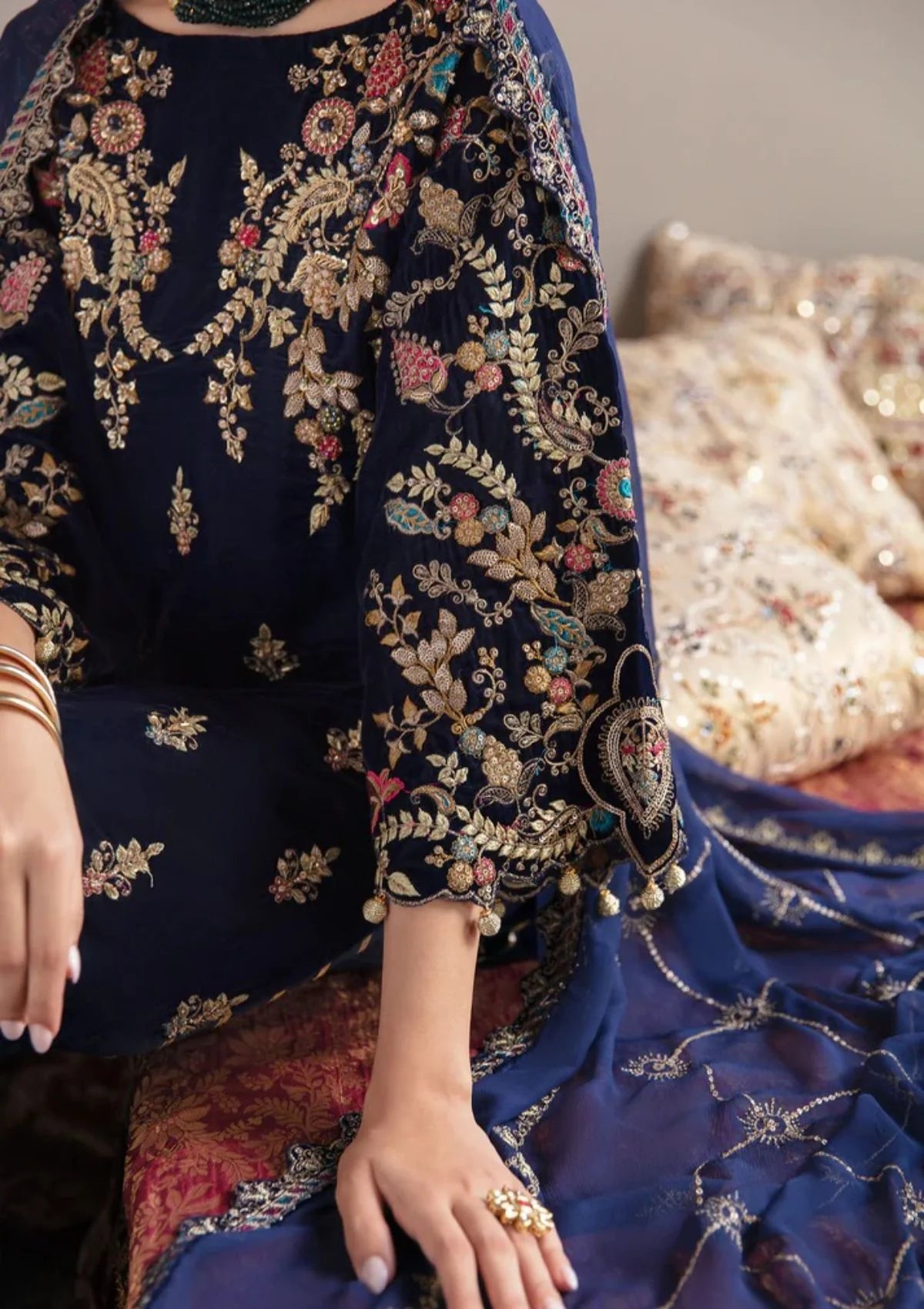 03-Piece Embroidered Velvet Suit With Chiffon Dupatta | Ready To Wear