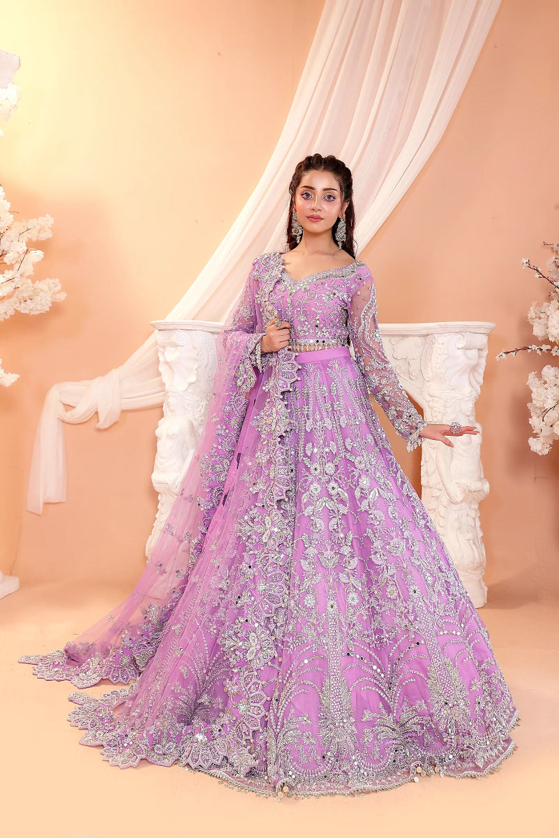 Pastel Lilac & Sparkling Silver: Embroidered Net Bridal Lenge Choli | Ready To Wear