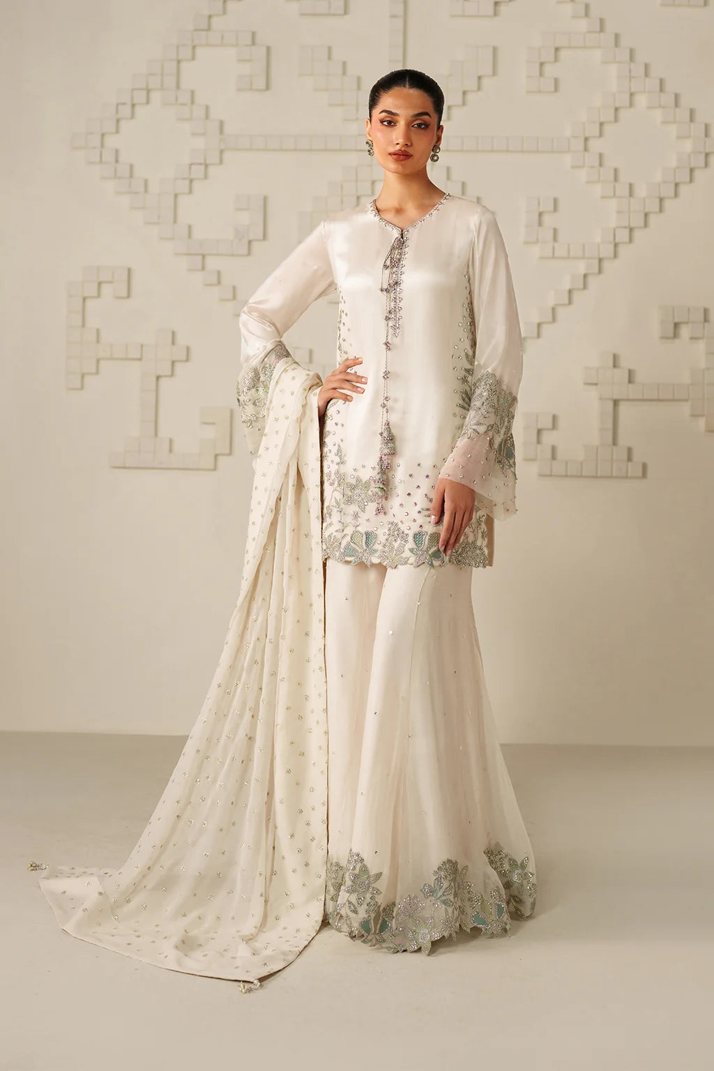 Moonlight Ivory: Embroidered Chiffon Suit | Ready To Wear