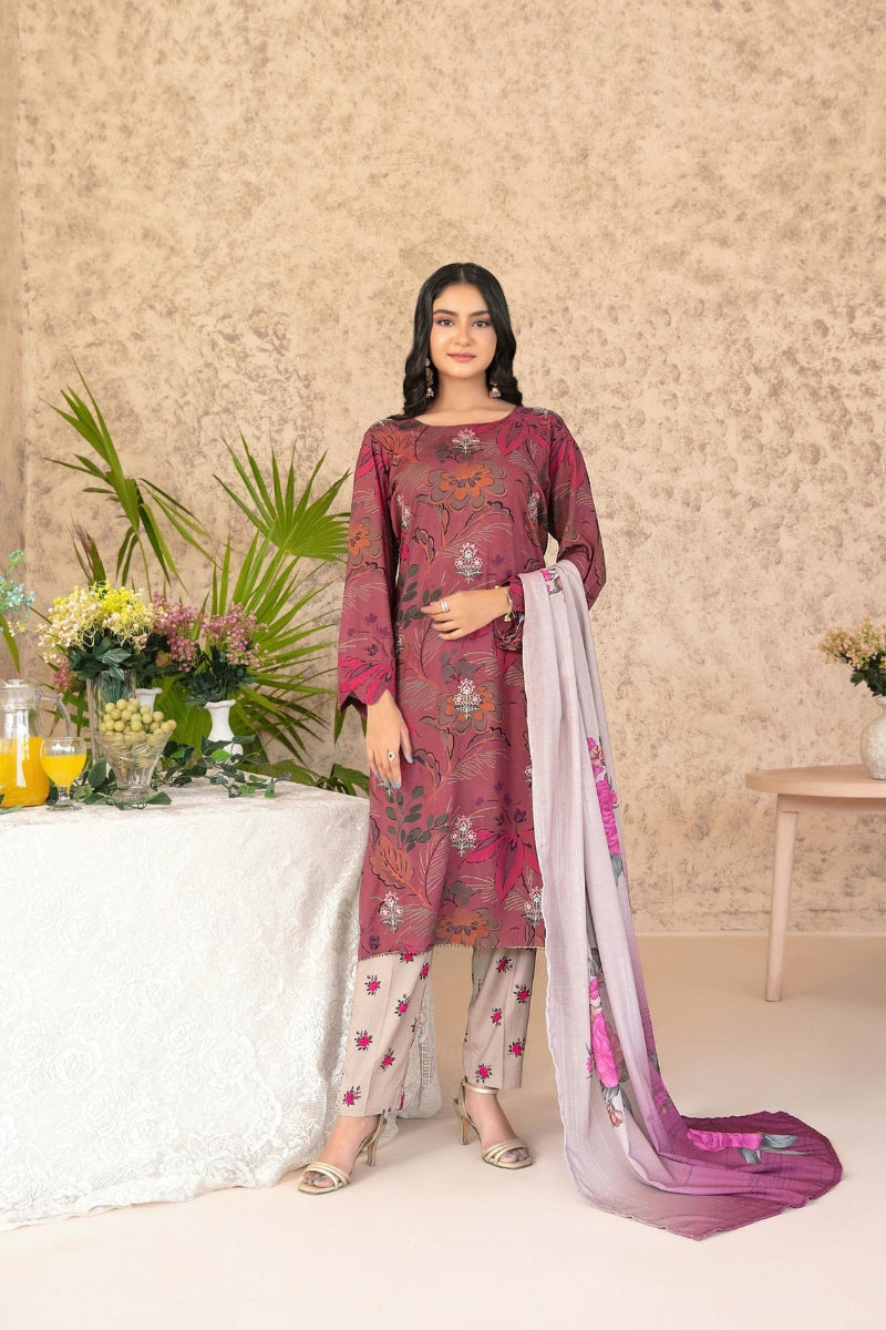 3-Piece stitched Digital Printed Staple Fabric Collection with Exclusive Shawl Dupatta
