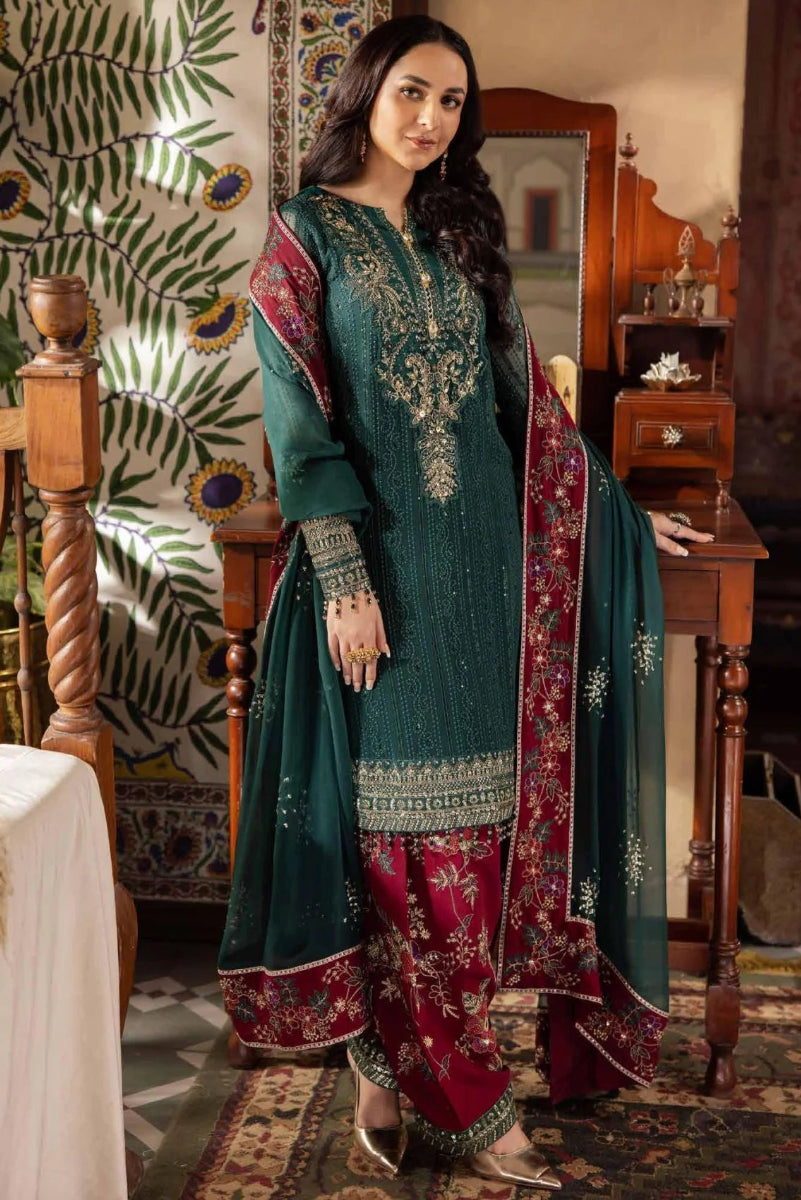 Luxury Embroidered 3-Piece Suit – Deep Green & Maroon