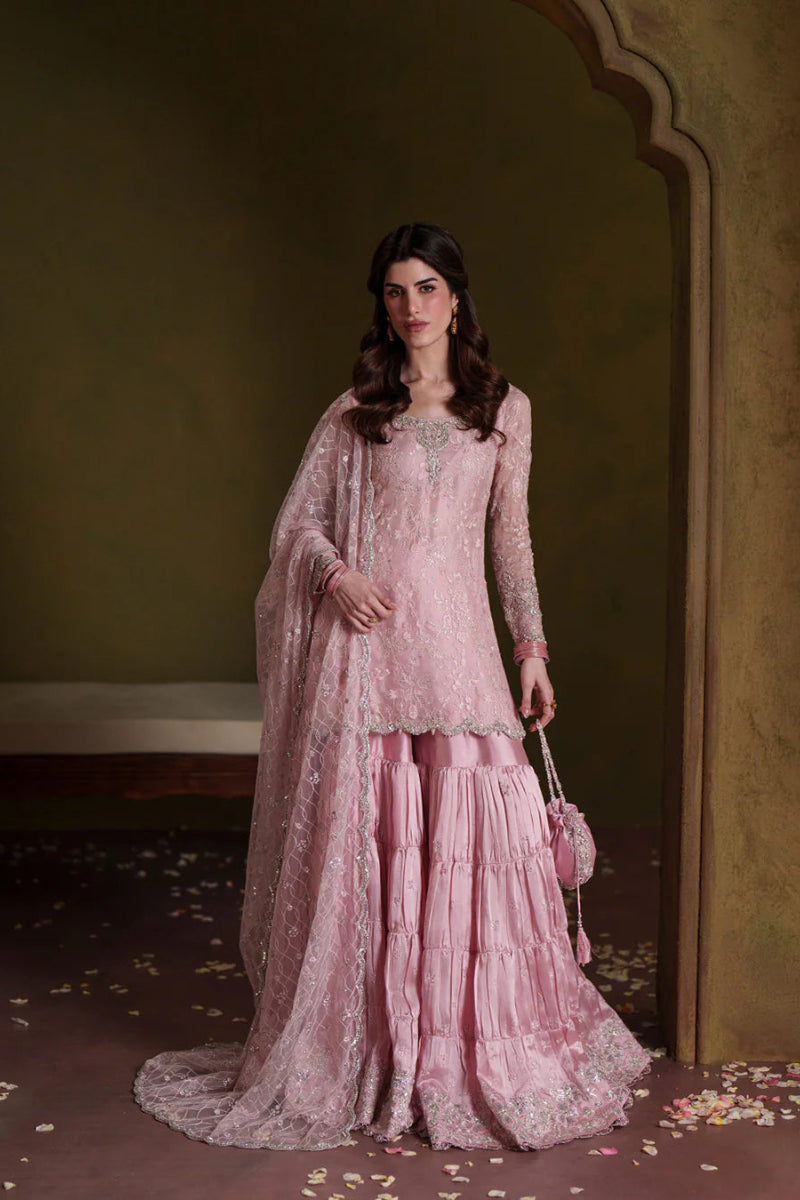 Dusty Rose: Embroidered Chiffon Suit With Silk Gharara | Ready To Wear