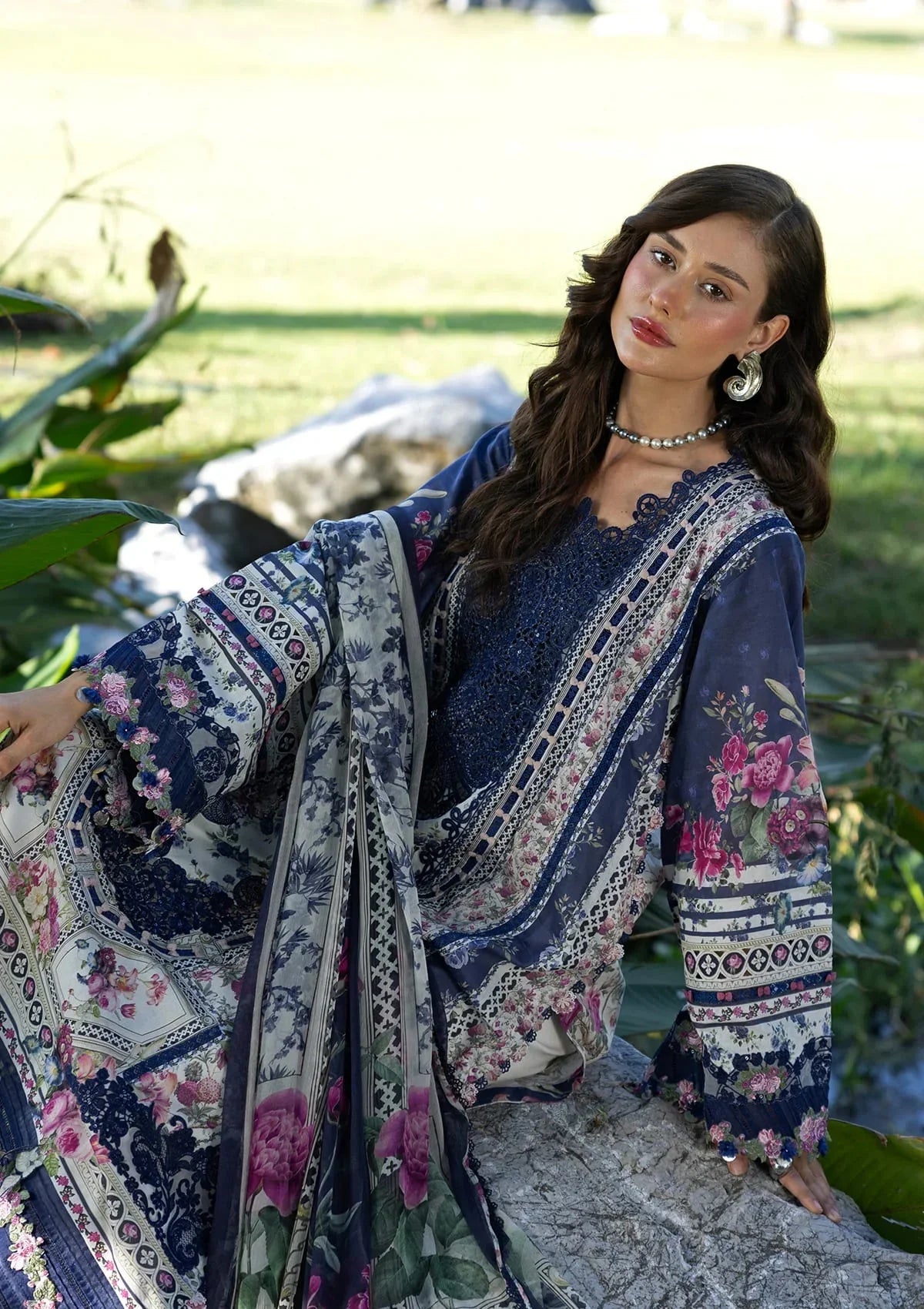 White & Navy Floral Printed Lawn Suit With Embroidery | Ready To Wear
