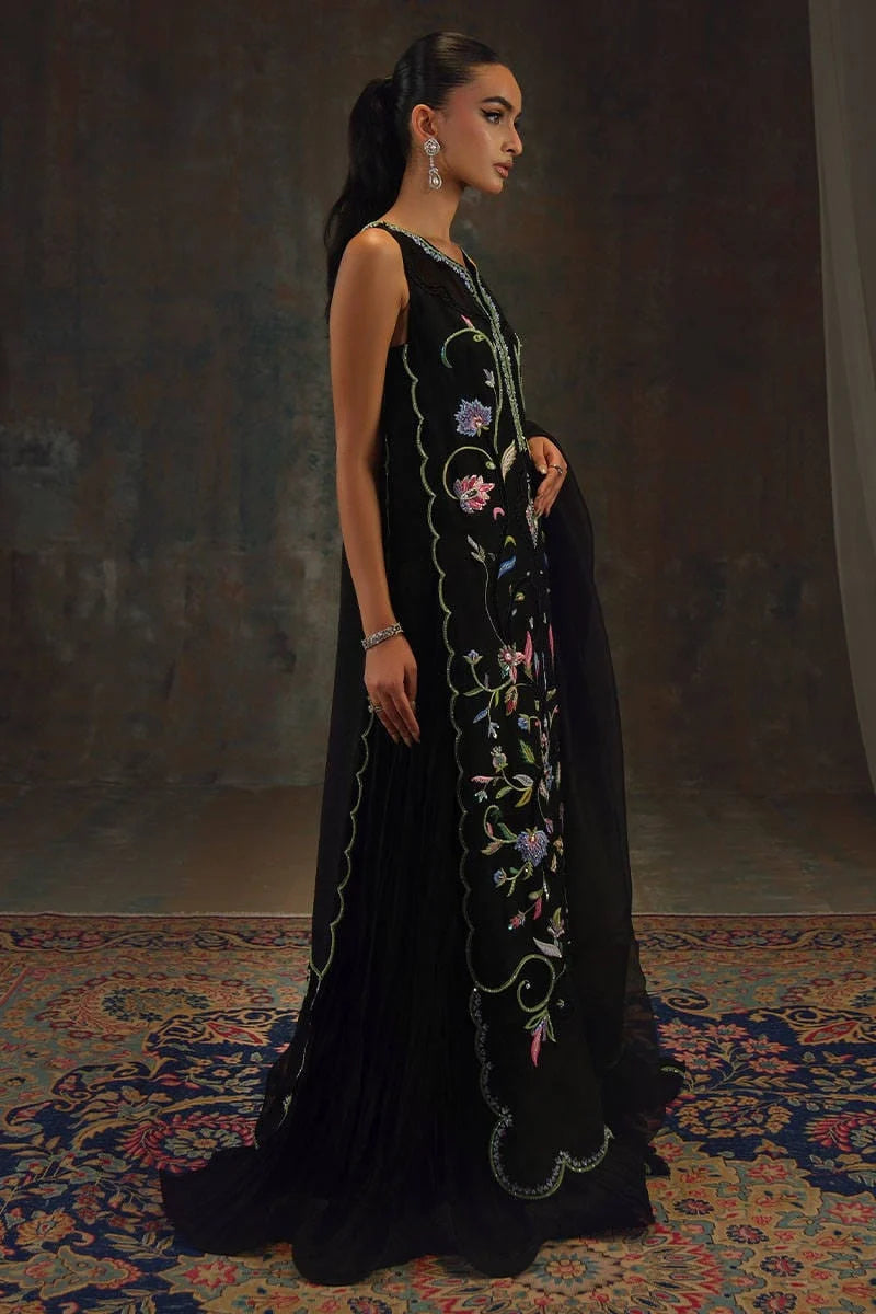 Jet Black & Multicolored Floral Embroidered Silk Suit With Organza Dupatta | Ready To Wear