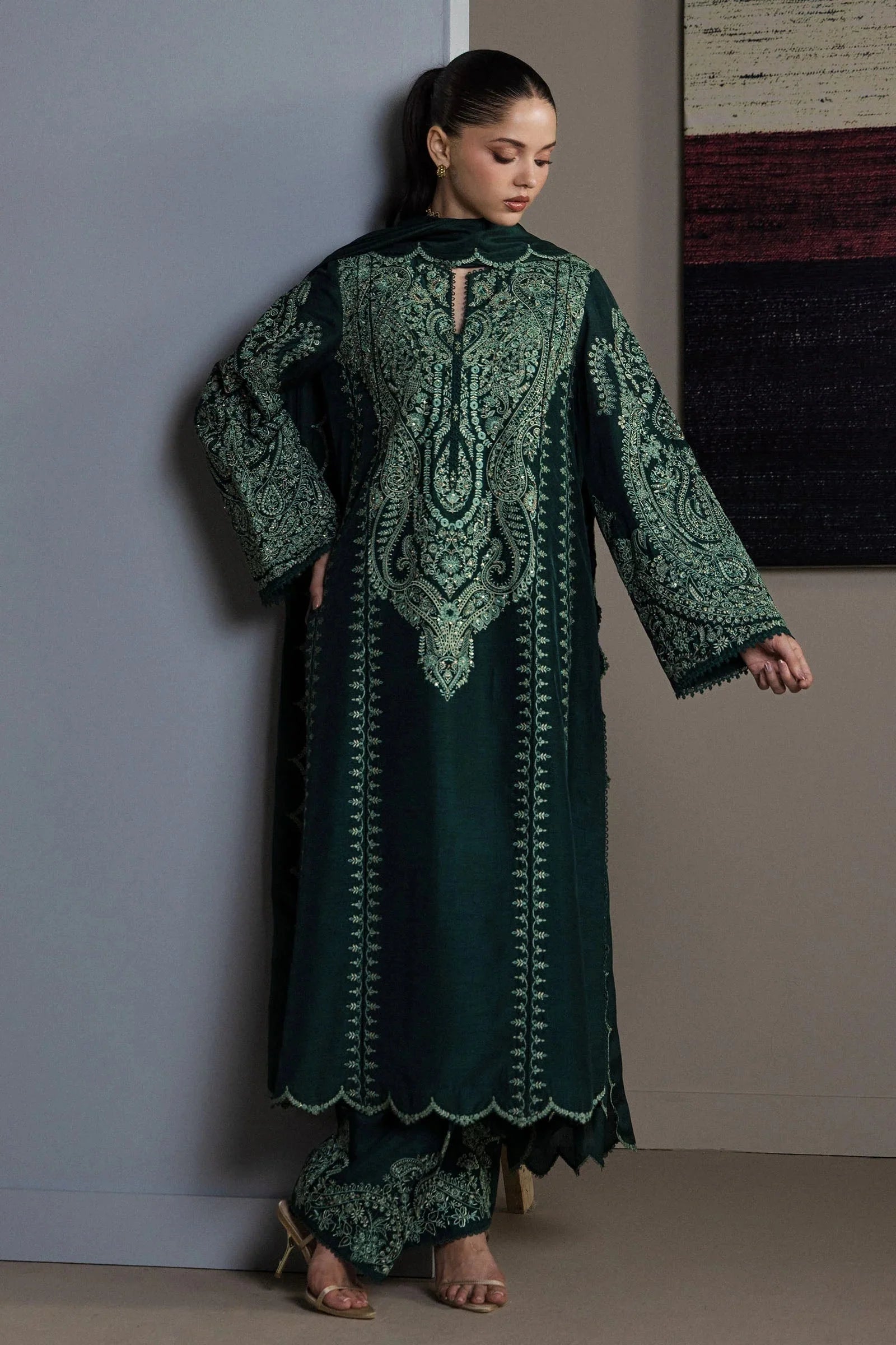 Forest Green & Mint Accent: Embroidered Cotton Suit | Ready To Wear