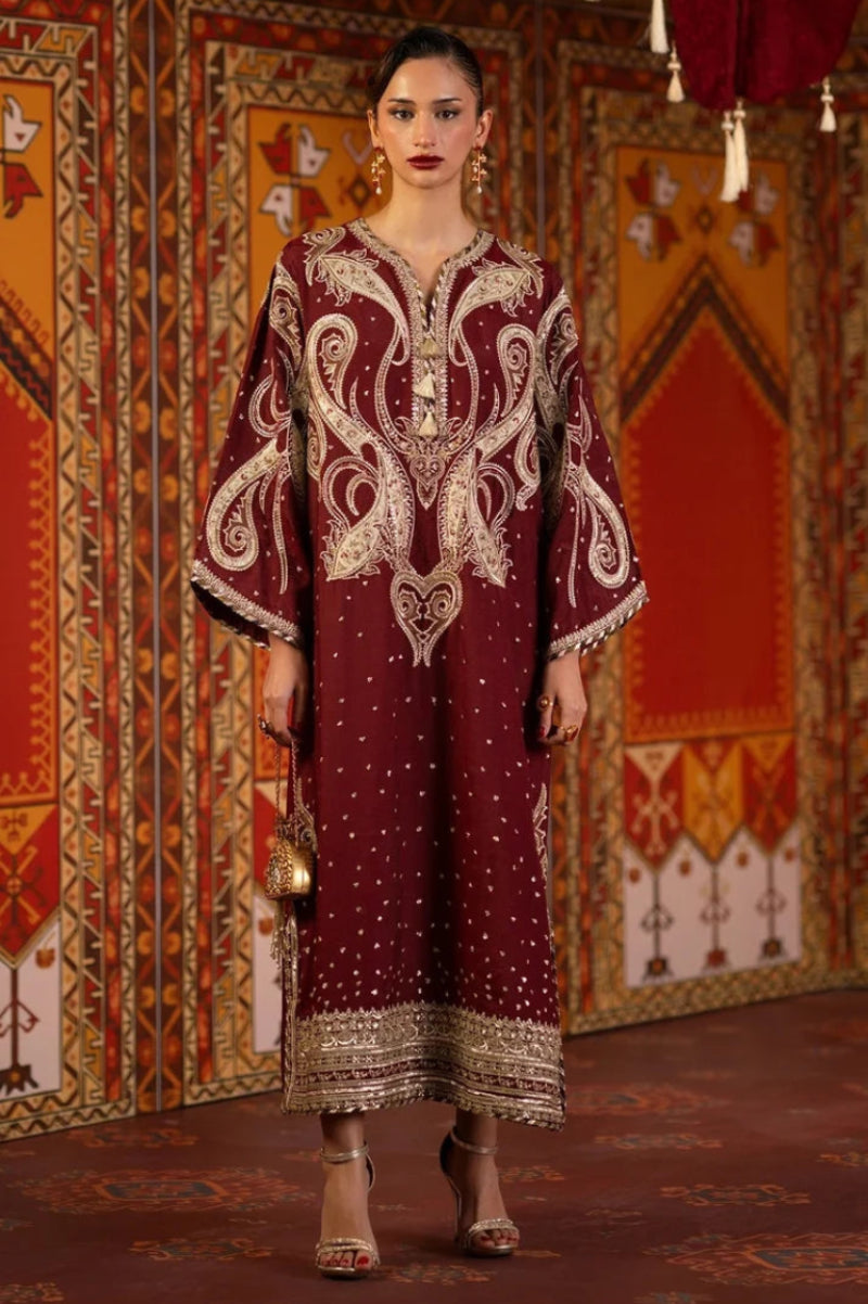Deep Maroon & Gold Accent: Charmoush Embroidered Silk Kaftan | Ready To Wear