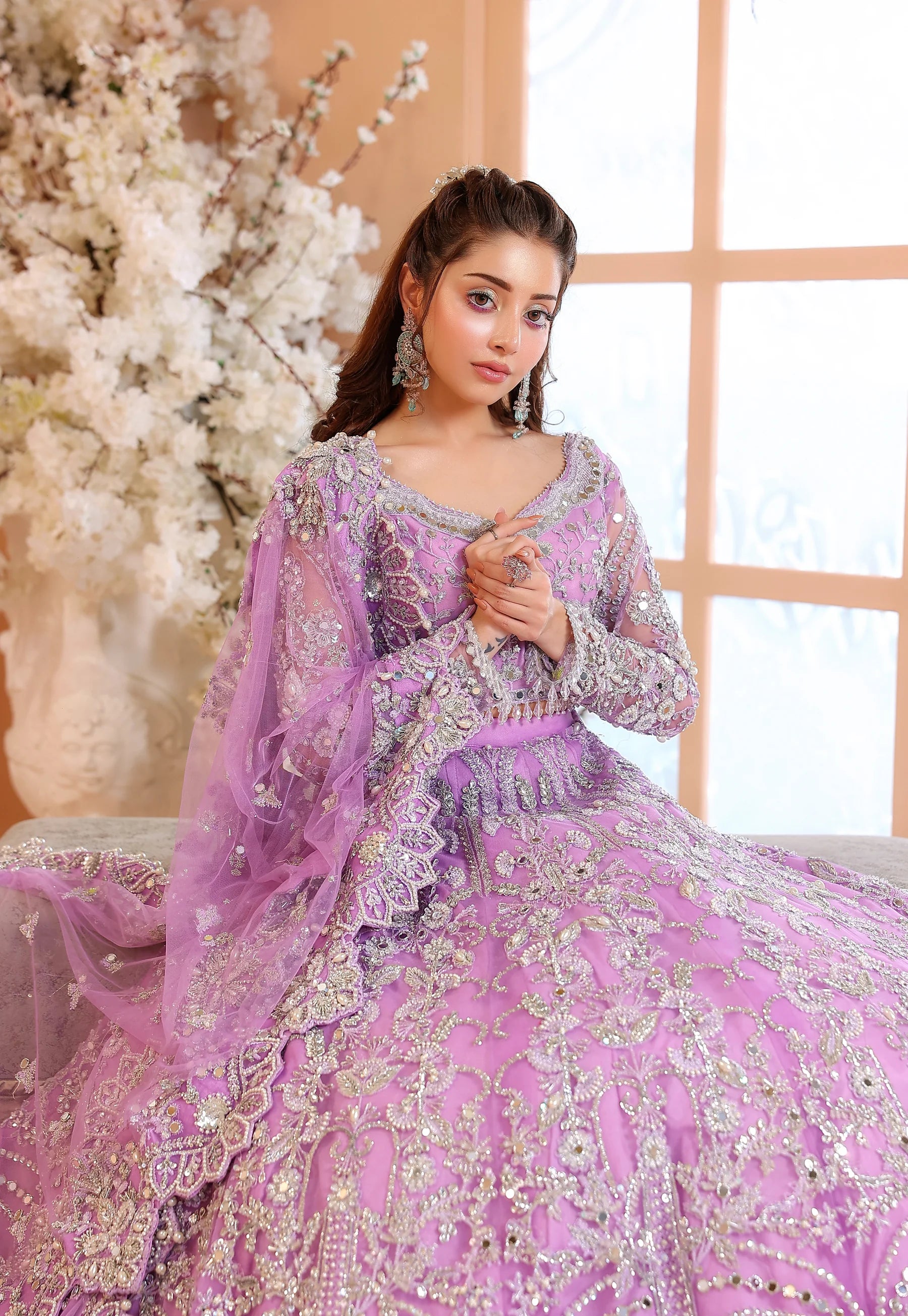 Pastel Lilac & Sparkling Silver: Embroidered Net Bridal Lenge Choli | Ready To Wear