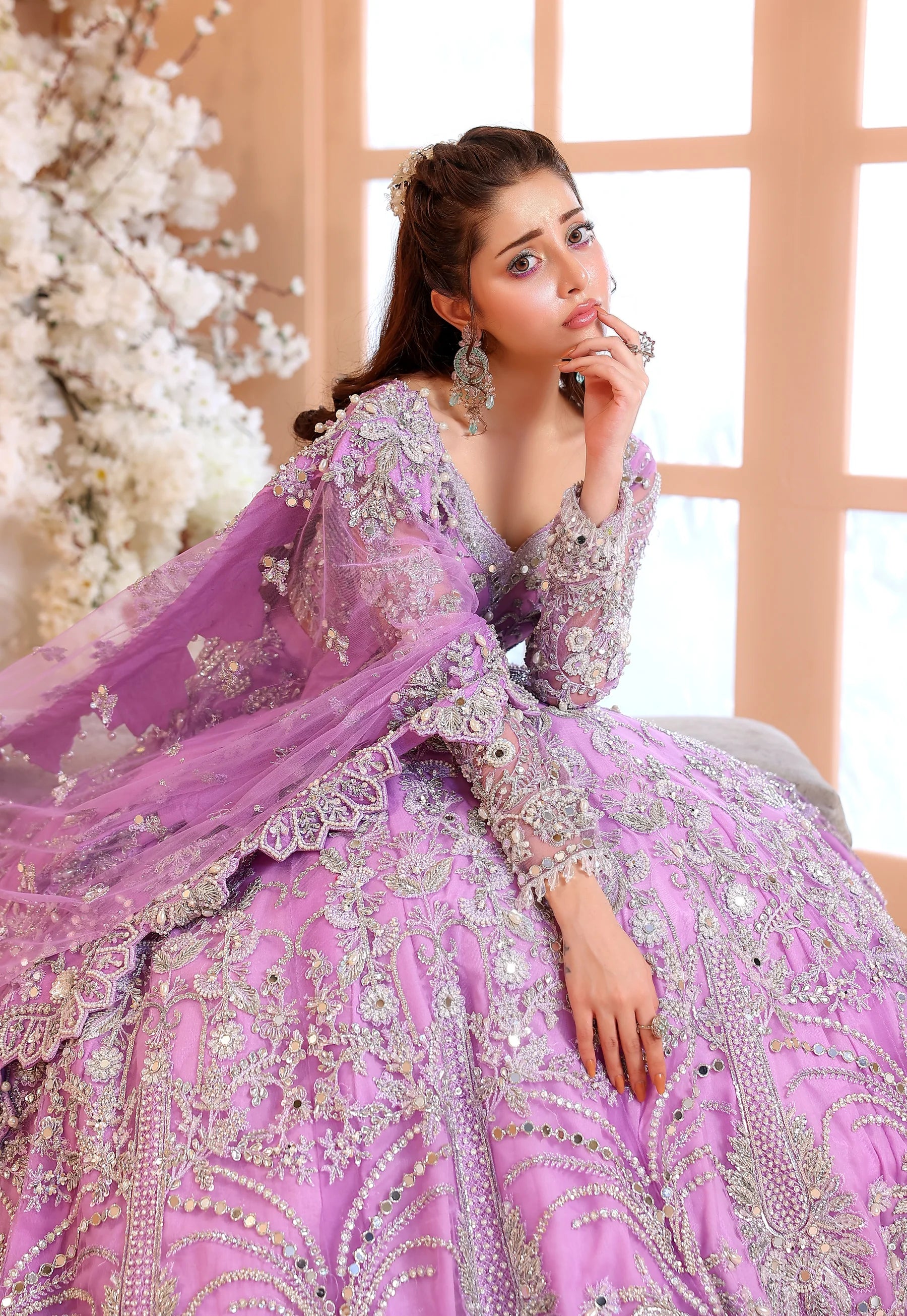 Pastel Lilac & Sparkling Silver: Embroidered Net Bridal Lenge Choli | Ready To Wear