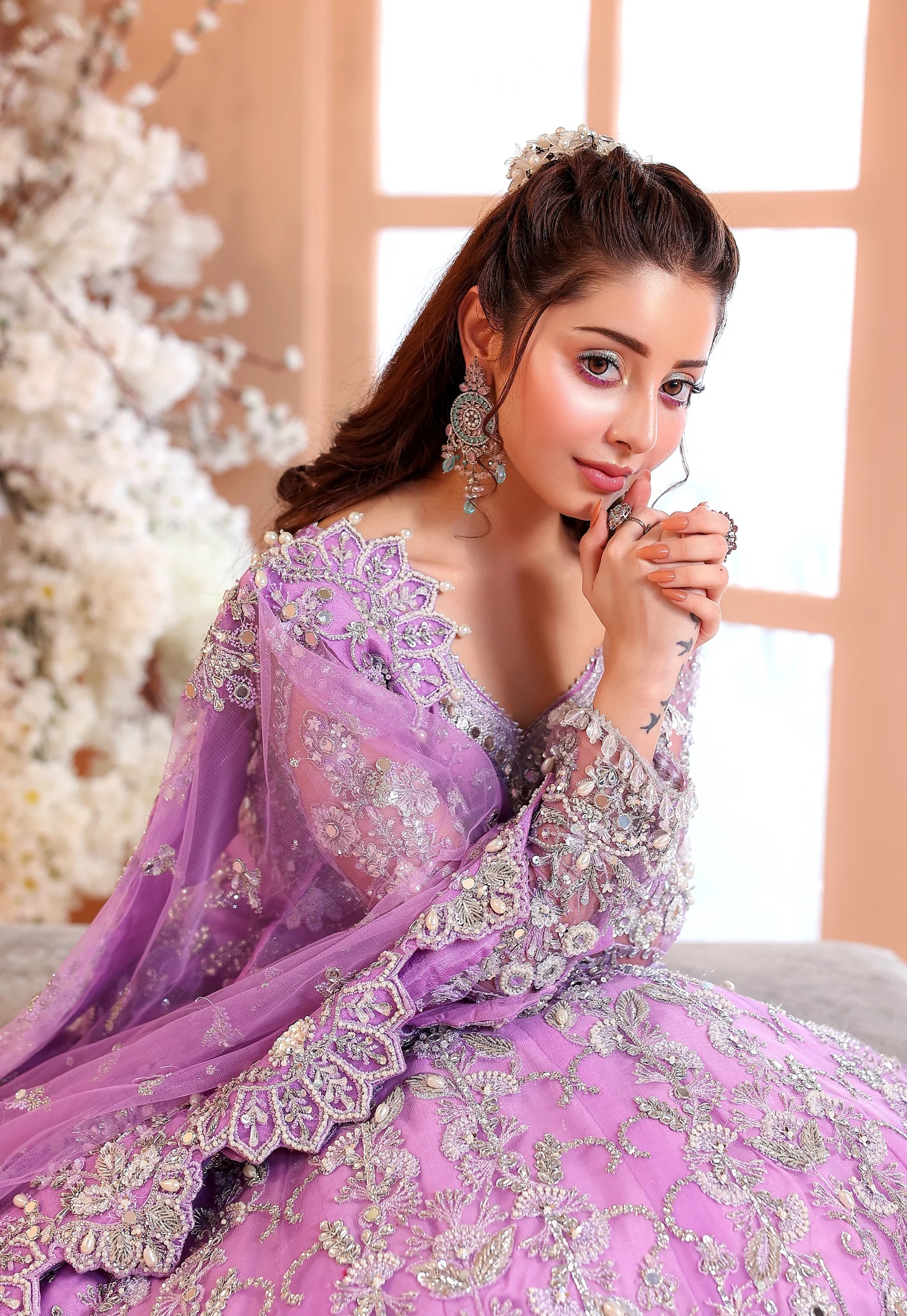Pastel Lilac & Sparkling Silver: Embroidered Net Bridal Lenge Choli | Ready To Wear