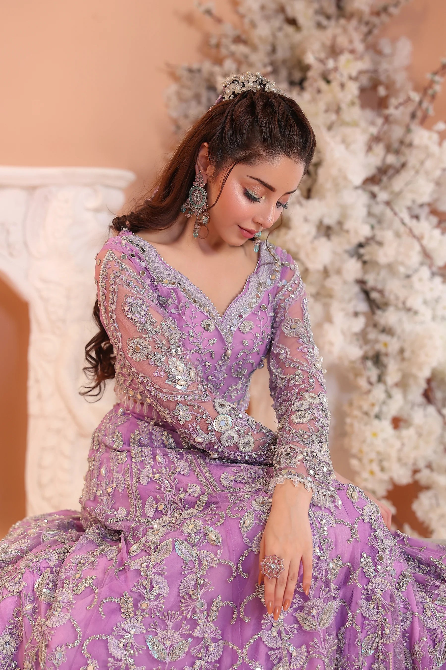 Pastel Lilac & Sparkling Silver: Embroidered Net Bridal Lenge Choli | Ready To Wear