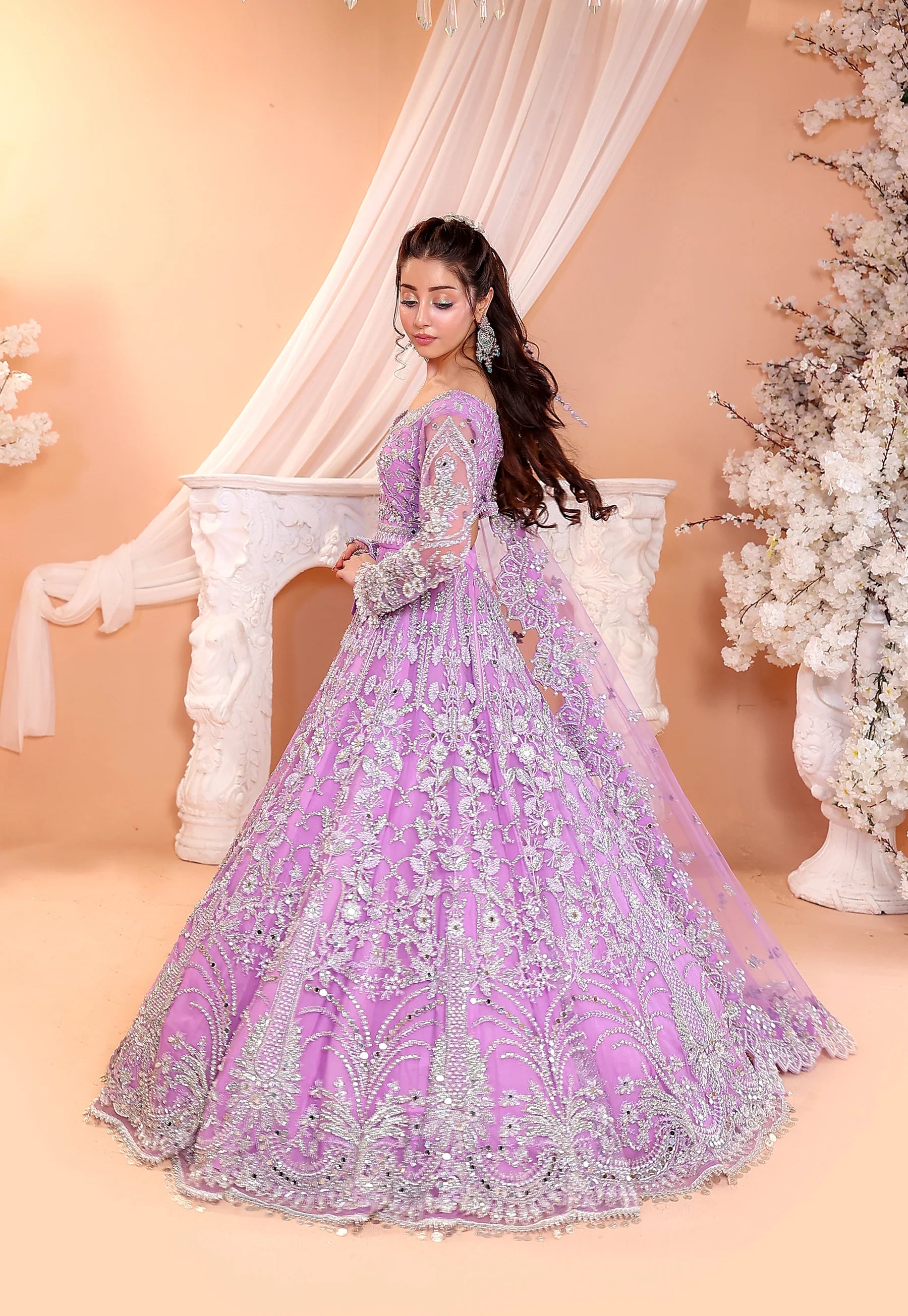 Pastel Lilac & Sparkling Silver: Embroidered Net Bridal Lenge Choli | Ready To Wear