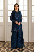 Deep Navy Aura: Embroidered Chiffon Suit | Ready To Wear