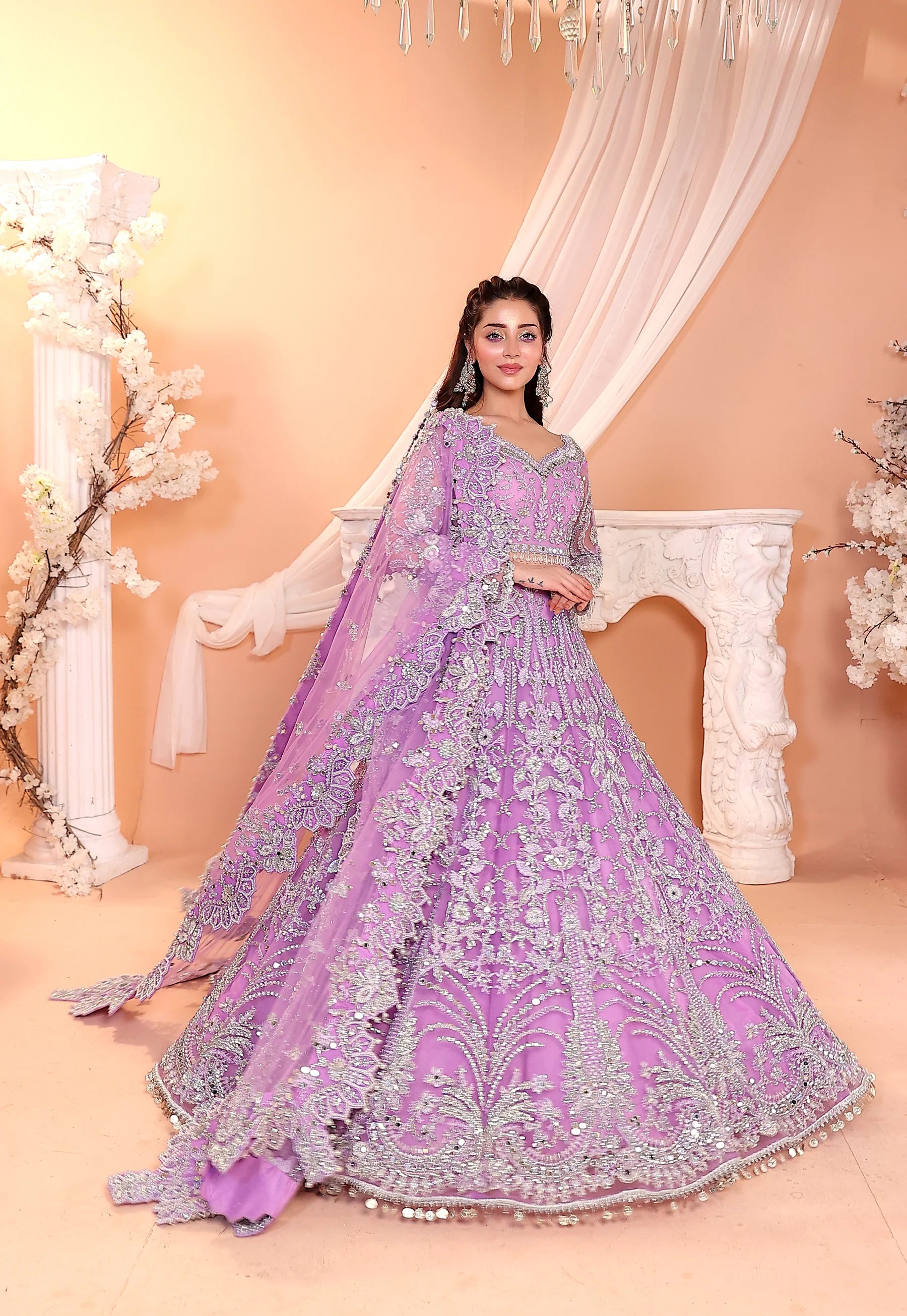 Pastel Lilac & Sparkling Silver: Embroidered Net Bridal Lenge Choli | Ready To Wear