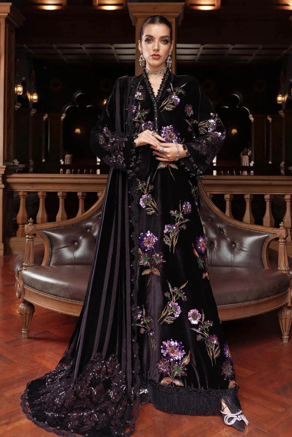 Midnight Black & Lavender: Folral Embroidered Silk Suit