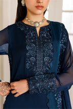 Deep Navy Aura: Embroidered Chiffon Suit | Ready To Wear