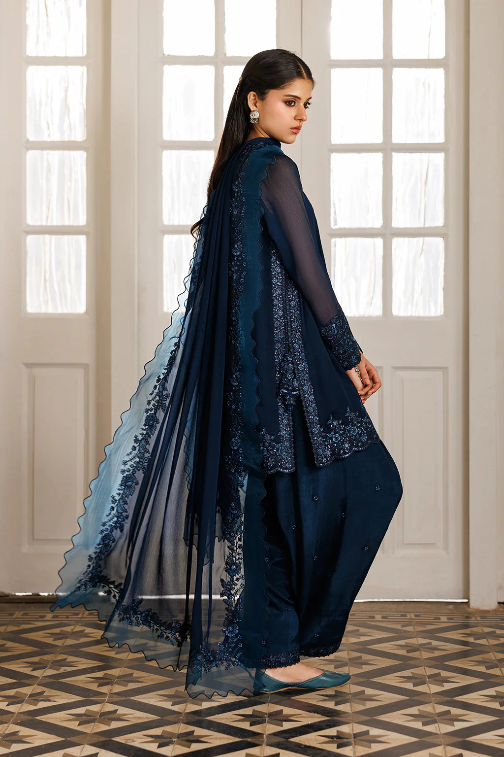 Deep Navy Aura: Embroidered Chiffon Suit | Ready To Wear