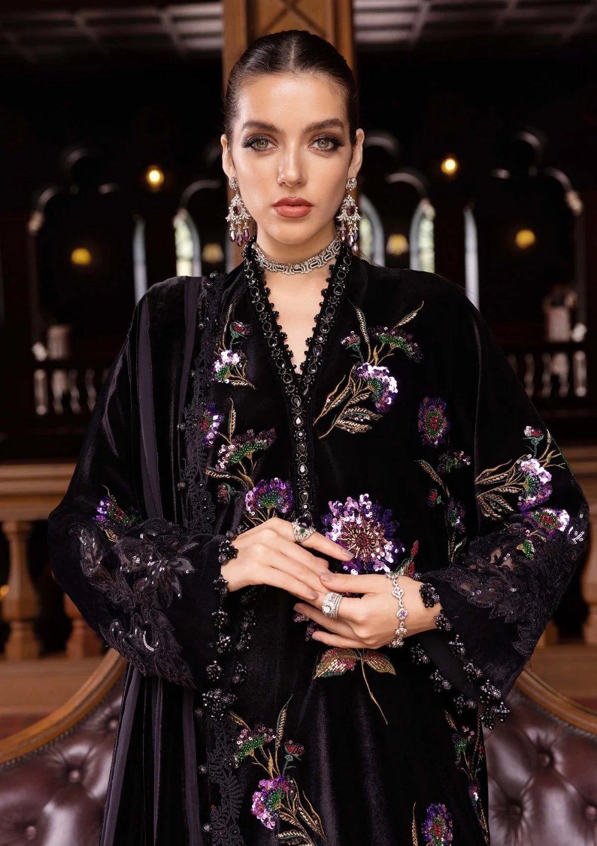Midnight Black & Lavender: Folral Embroidered Silk Suit