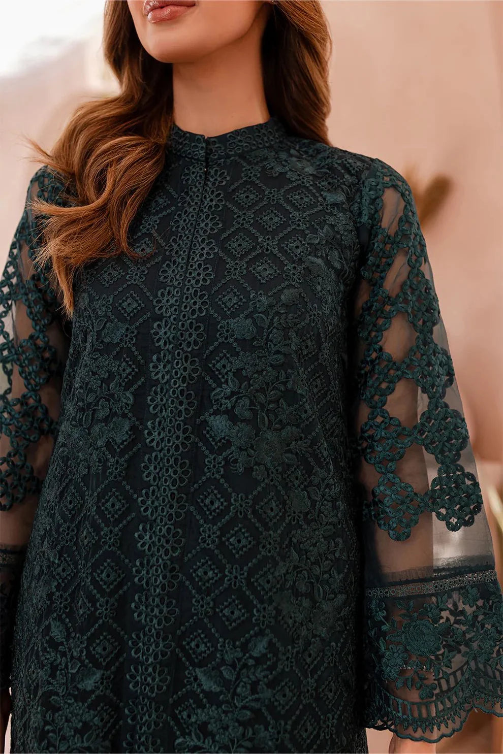 Elegant Forest Green: Thread Embroidered Organza Suit | Ready To Wear