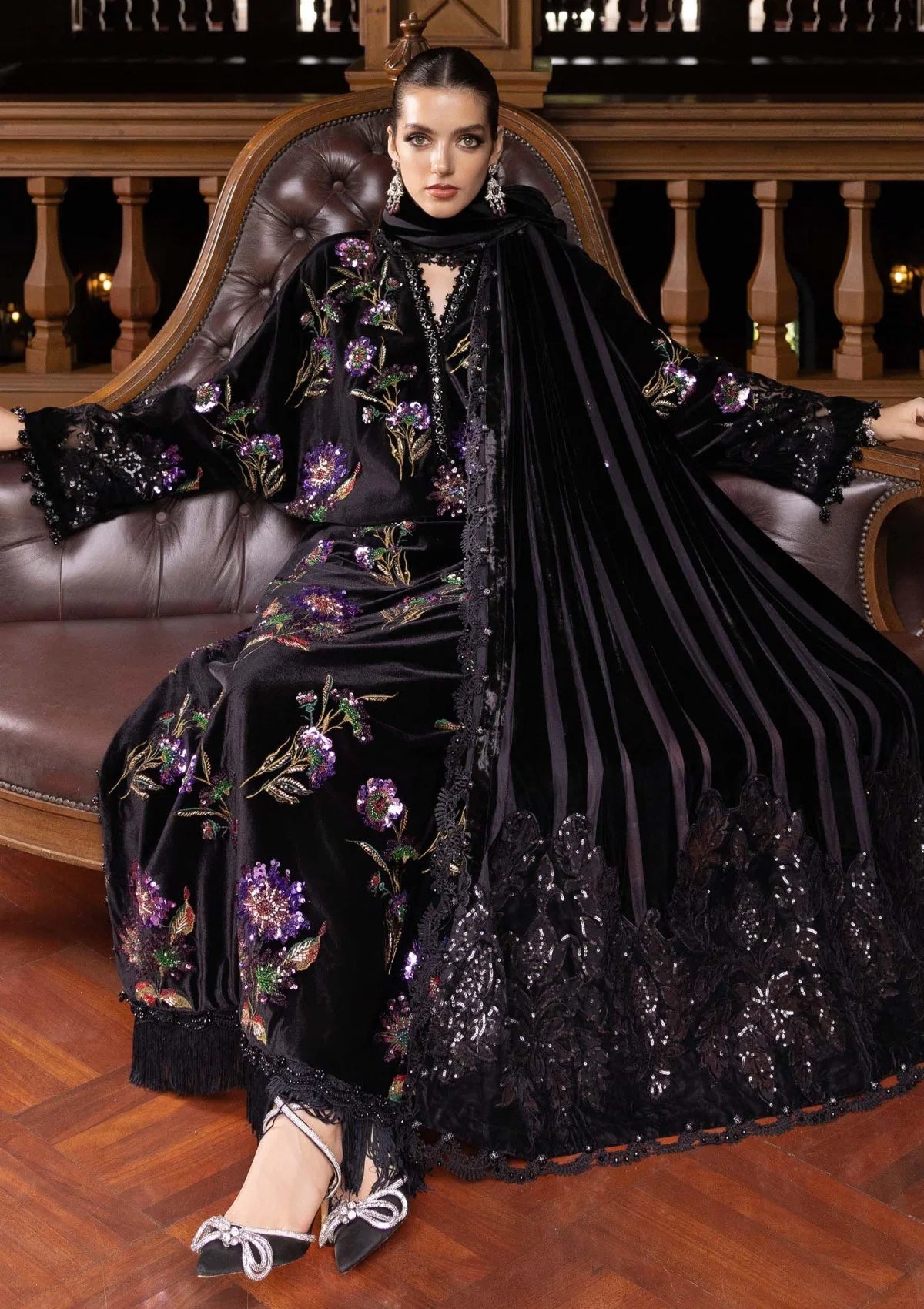 Midnight Black & Lavender: Folral Embroidered Silk Suit